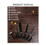 Versatile stainless steel knife set with peeler and scissors for all kitchen tasks.