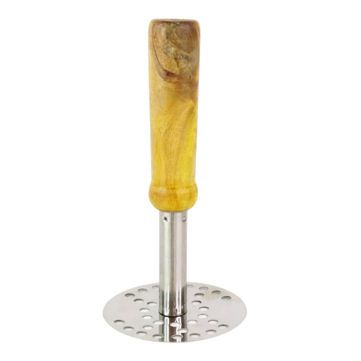 A stainless steel masher with a light brown wooden handle is centered on a plain white background.