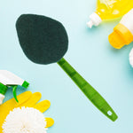Side profile of the hockey-shaped long handle scrubber, highlighting its unique design.