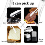 A collage showing the silver tong picking up ice, beef, bread, and sugar cubes in separate insets.