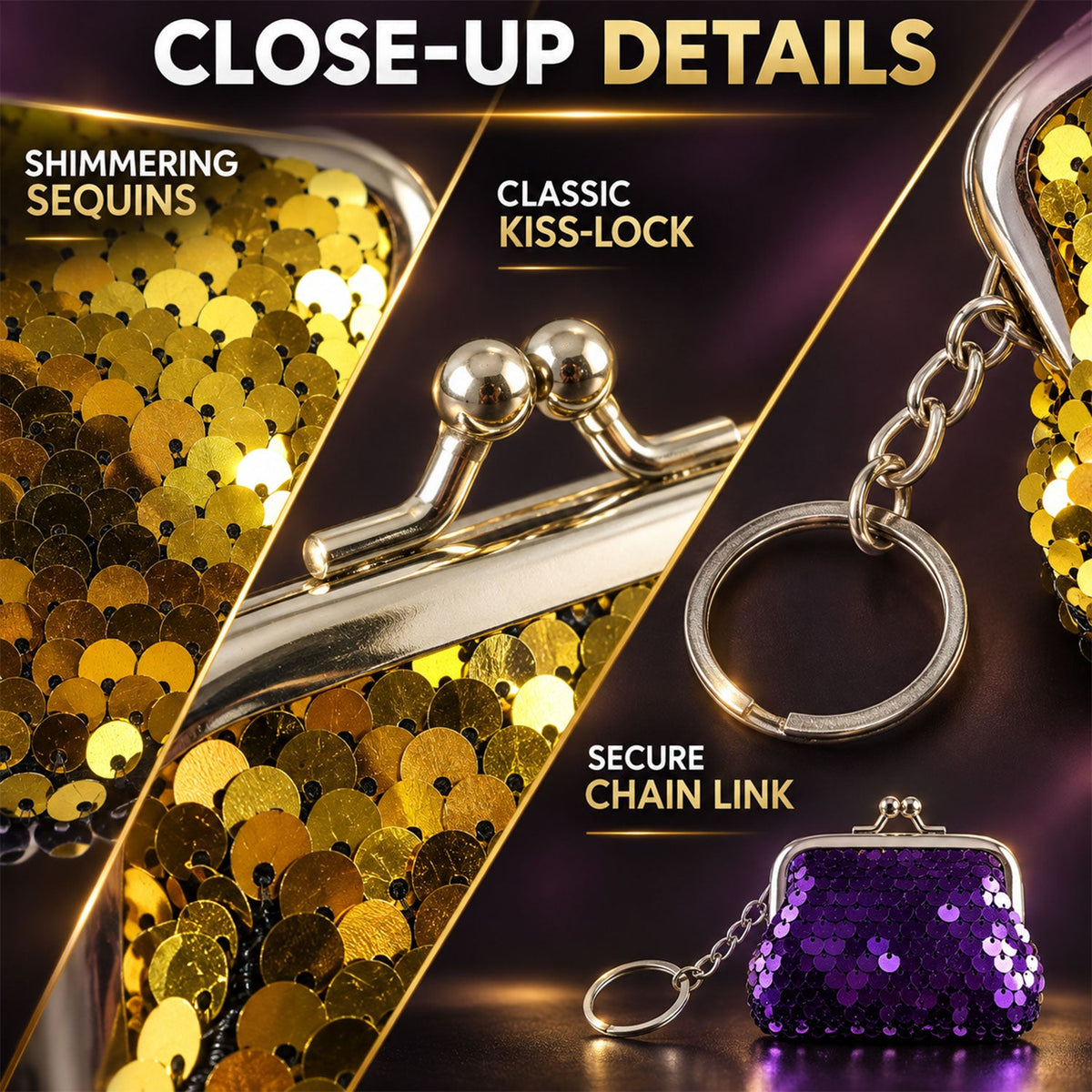 A collage highlighting shimmering gold sequins, a classic kiss-lock closure, and a secure chain link on a purple purse.