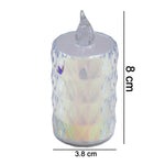 A single unlit LED tea light with a clear textured body and a white top, showing dimensions of 8cm by 3.8cm.