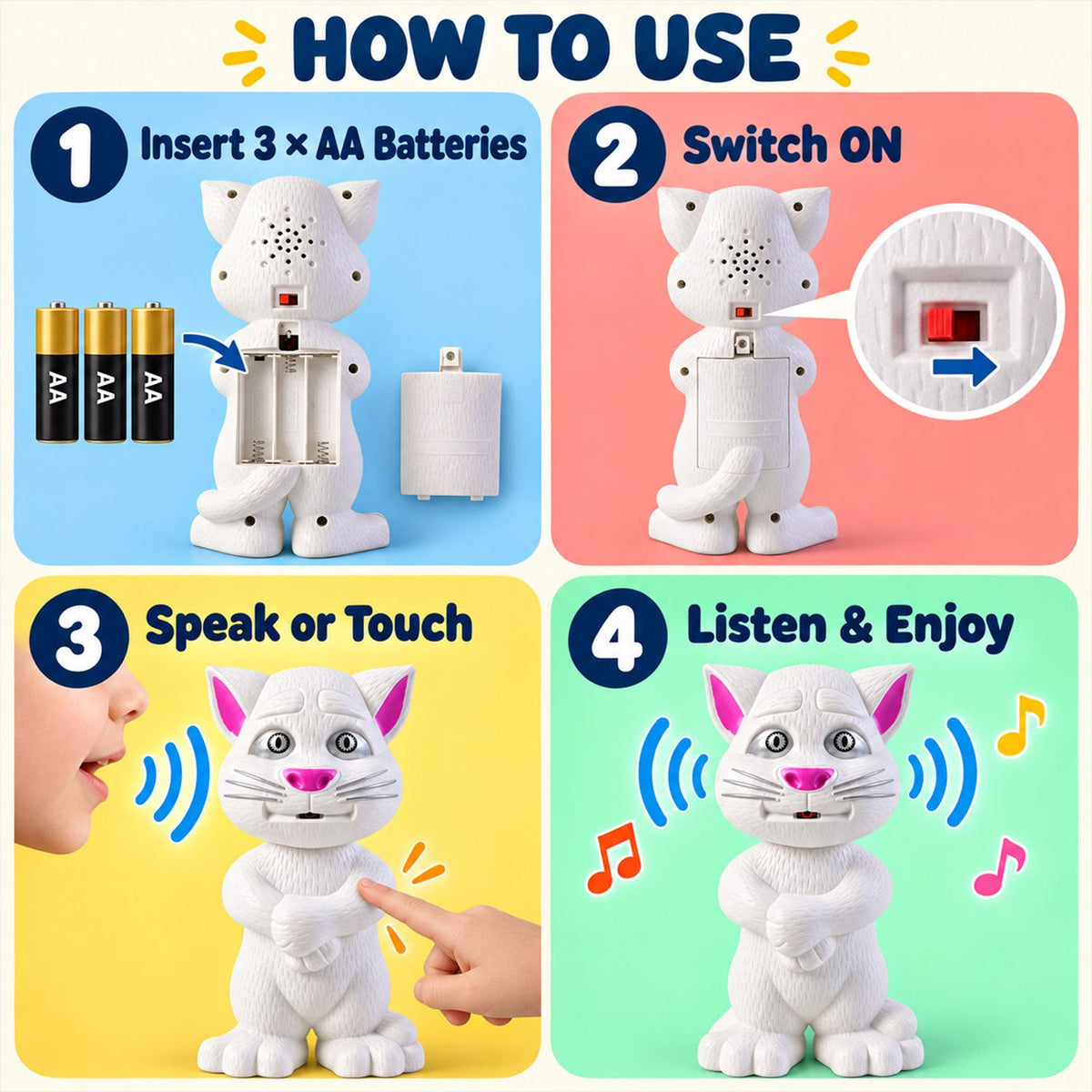 A four-panel guide illustrating how to use the white cat toy: inserting batteries, switching it on, speaking to it, and