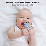 Detailed textured surface of silicone dinosaur teether for gum massage
