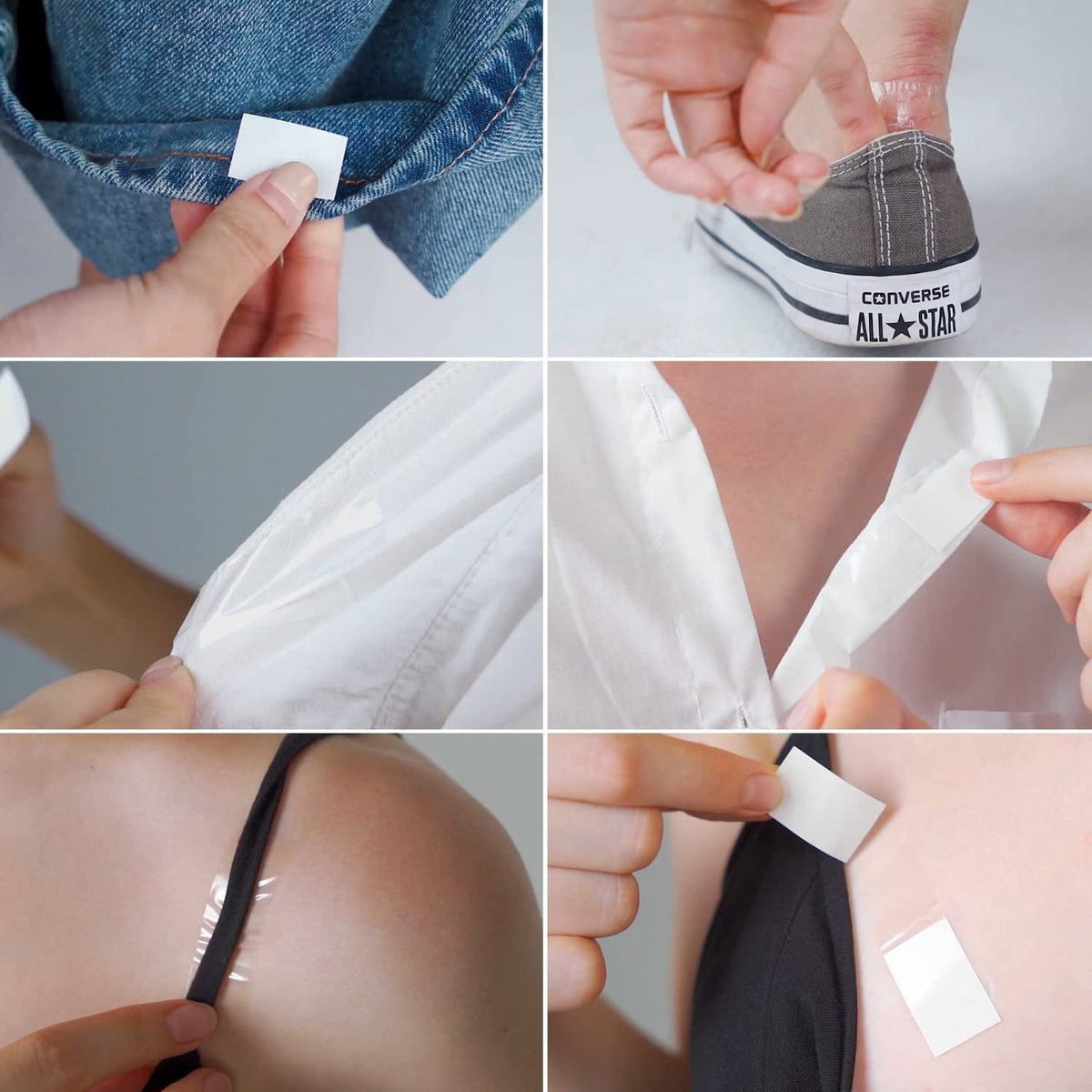 Six small images show clear tape being used to secure clothing and shoes in various applications.
