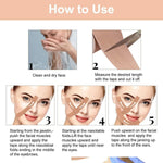 A five-step instructional guide on how to apply face lifting tape, including washing, cutting, and placement.