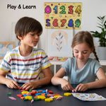 Close-up of a child's hands placing a wooden number piece into the puzzle.