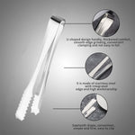 A silver tong is shown with three circular insets highlighting its U-shaped handle, integrated edge, and sawtooth shape.