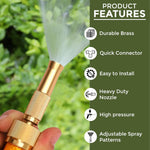 A close-up of a brass hose nozzle spraying water, with a list of product features like "Durable Brass" and "Adjustable Spray