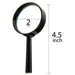 A black magnifying glass is displayed with its dimensions, showing a 2-inch lens and a 4.5-inch total length.