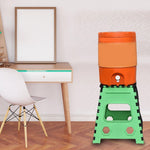 Versatile 18-inch brown folding stool being used by an adult for a high shelf.