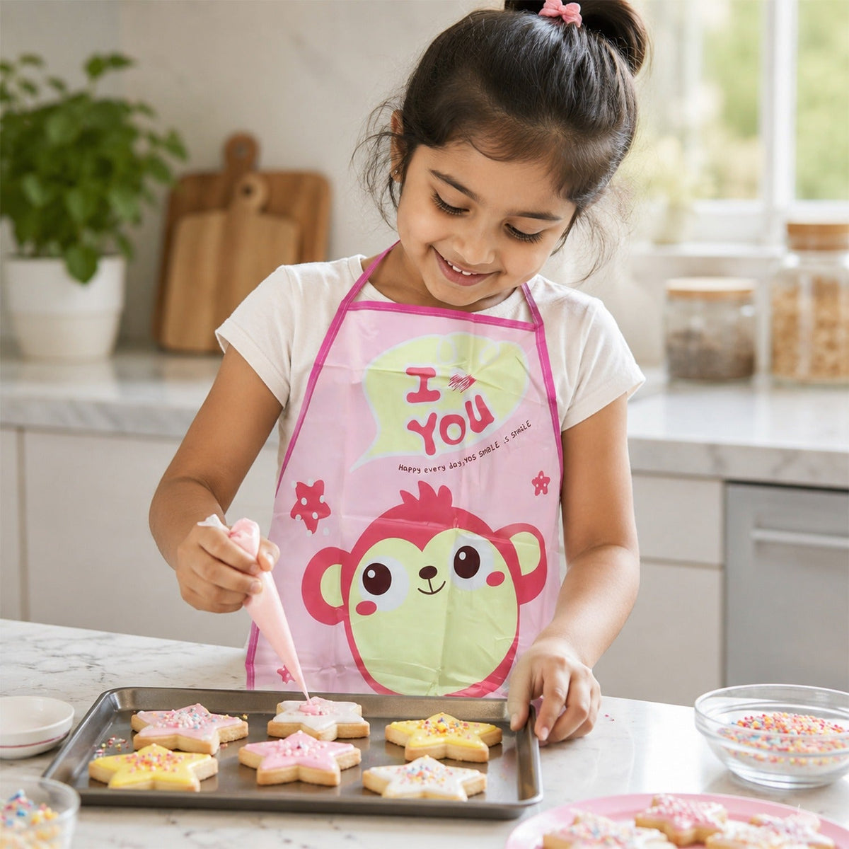 A young girl in a pink monkey apron decorates star-shaped cookies with pink icing on a baking sheet.