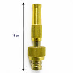A brass hose nozzle stands upright on a white background, with a black arrow indicating its 9 cm length.