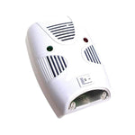 A single white plastic pest repeller with a switch, red and green lights, and a clear bottom panel with two bulbs.