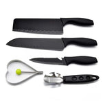 Ergonomic handles on the chef and utility knives from the professional kitchen knife set.