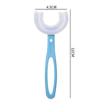A blue U-shaped toothbrush on a white background with dimensions 4.5cm width and 12cm length.