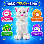 The white cat toy with pink ears and nose, surrounded by icons representing its features: repeats speech, touch-activated,