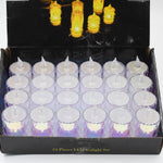 A black display box filled with twenty-four unlit LED tea lights, featuring a decorative header card.