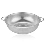 Stainless steel rice washing strainer bowl in use, cleaning basmati rice.
