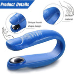 Detailed views of the blue acupressure hand clip, highlighting its thumb shape and durable material.