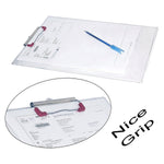 Angled view of the transparent exam pad highlighting its clear design.