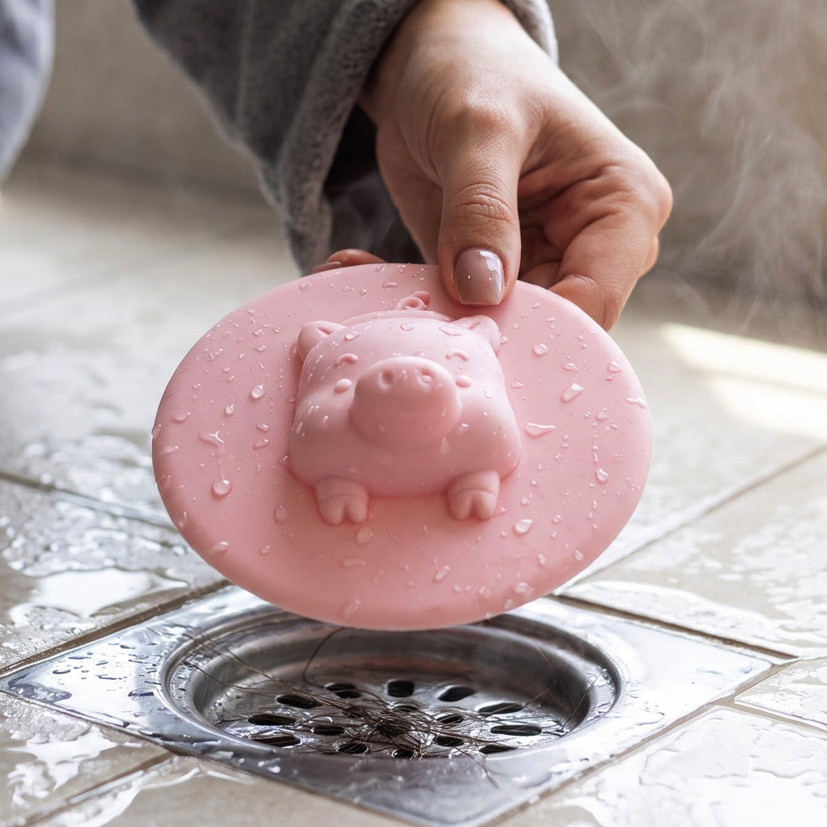 Silicone drain cover being lifted from a floor drain, showing easy access.