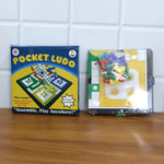 Family enjoying a fun game night at home with the Pocket Ludo travel set.