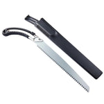 A silver folding hand saw with a black handle and a black protective cover are displayed on a white background.