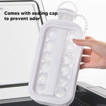 A hand holds a white ice ball maker bottle, showing the clear sections filled with ice spheres, with text about a sealing