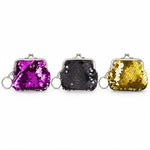 Three sequined coin purse keychains in purple, black, and gold are arranged side-by-side on a plain white surface.