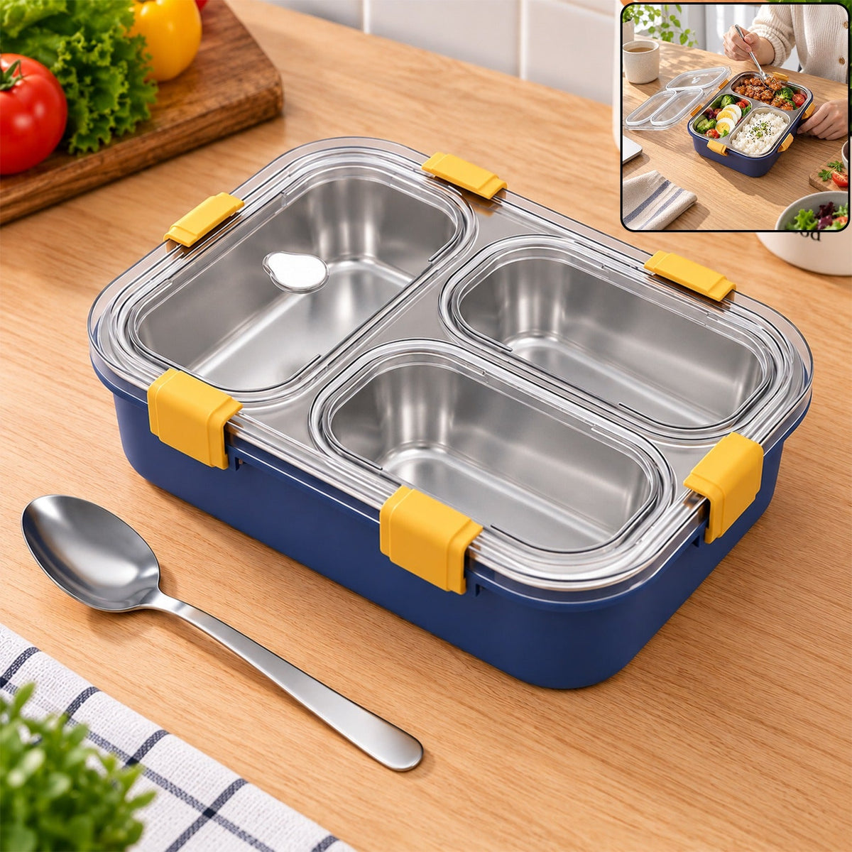 A blue lunch box with three stainless steel compartments and yellow clasps sits on a wooden table with a spoon.