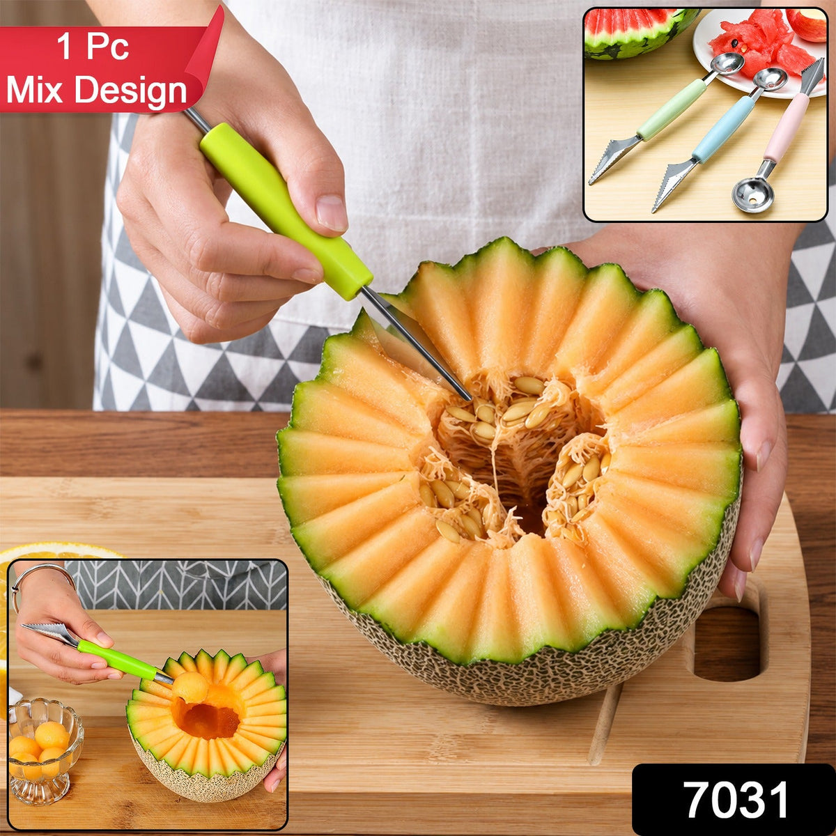 A person holds a green-handled fruit tool, scooping seeds from a cantaloupe, with an inset showing three tools in different