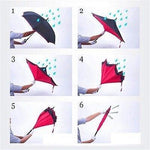 Six panels show a person's gloved hands demonstrating the reverse closing action of a red and black umbrella.