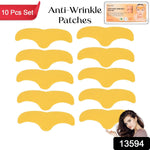 Ten gold forehead patches are displayed with text "Anti-Wrinkle Patches" and "10 Pcs Set".
