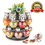 Top-down view of the rotating spice organizer, full of various Indian masalas.