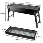 Dimensions of the black portable charcoal grill, both assembled and folded flat, with measurements in inches.