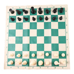 Compact folding chess set with vinyl board and plastic chess pieces