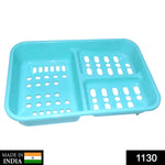 Organized bathroom counter featuring a multi-section plastic soap holder keeping bars dry.