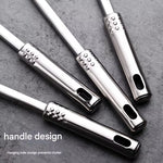 Close up of hanging holes on stainless steel kitchen utensil handles