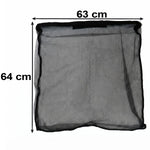A flat black mesh zipper storage bag with dimensions of 63 cm width and 64 cm height shown against a white background.