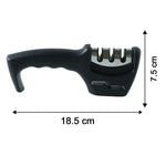 A black three-stage knife sharpener with silver slots is shown with its dimensions of 18.5 cm by 7.5 cm.