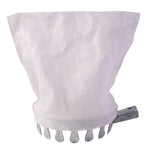 The white collection bag and metal prongs of the fruit picker are shown against a plain white background.