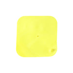 A plain bright yellow square silicone drain cover with a small central bump and a corner suction cup on a white background.