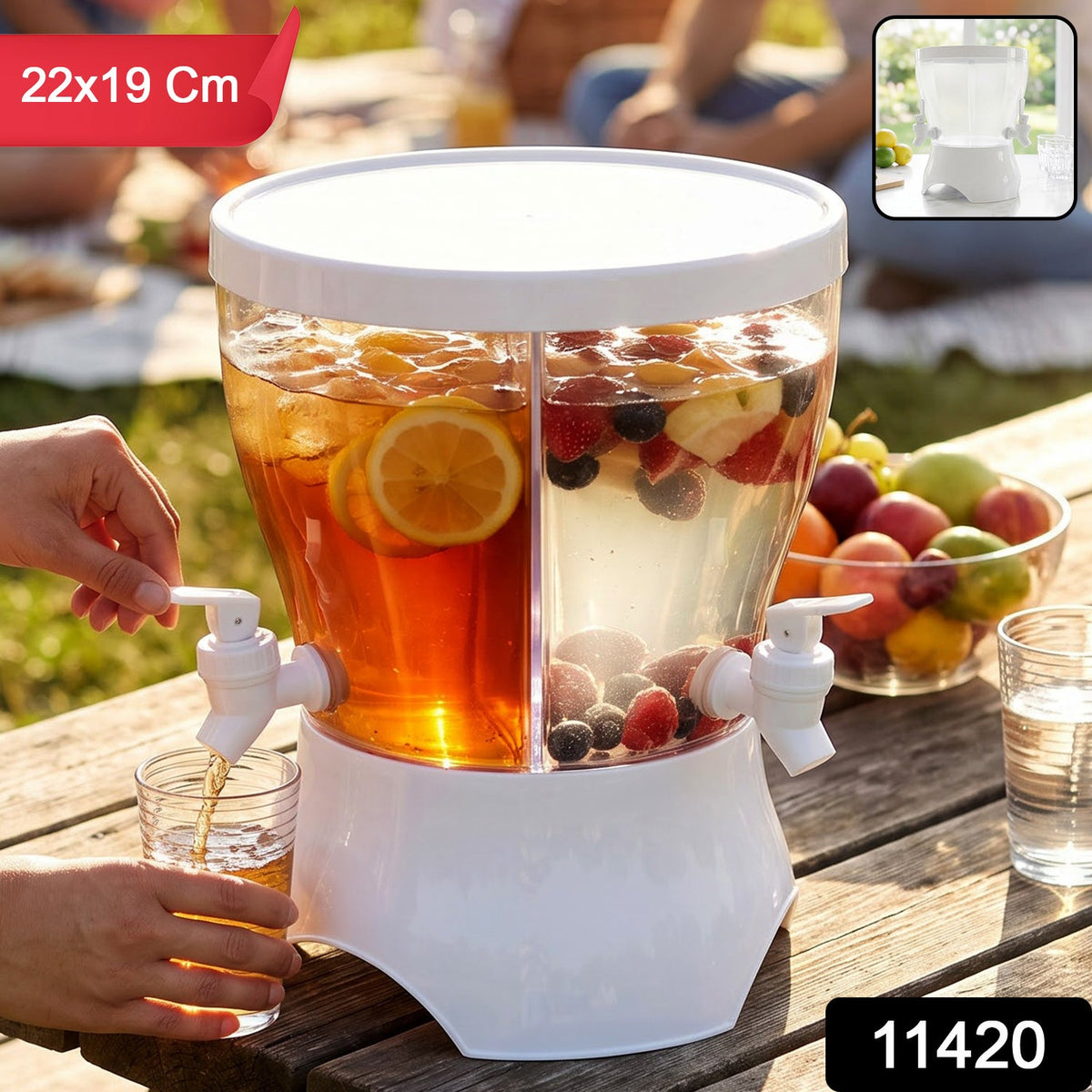 A person dispenses iced tea from a clear plastic dual-compartment dispenser with white base and lid, filled with – view 2