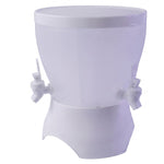 A translucent white plastic dual-compartment beverage dispenser with two white taps and a matching lid is shown on a plain