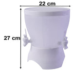 A translucent white plastic dual-compartment beverage dispenser with two white taps and a matching lid is shown with