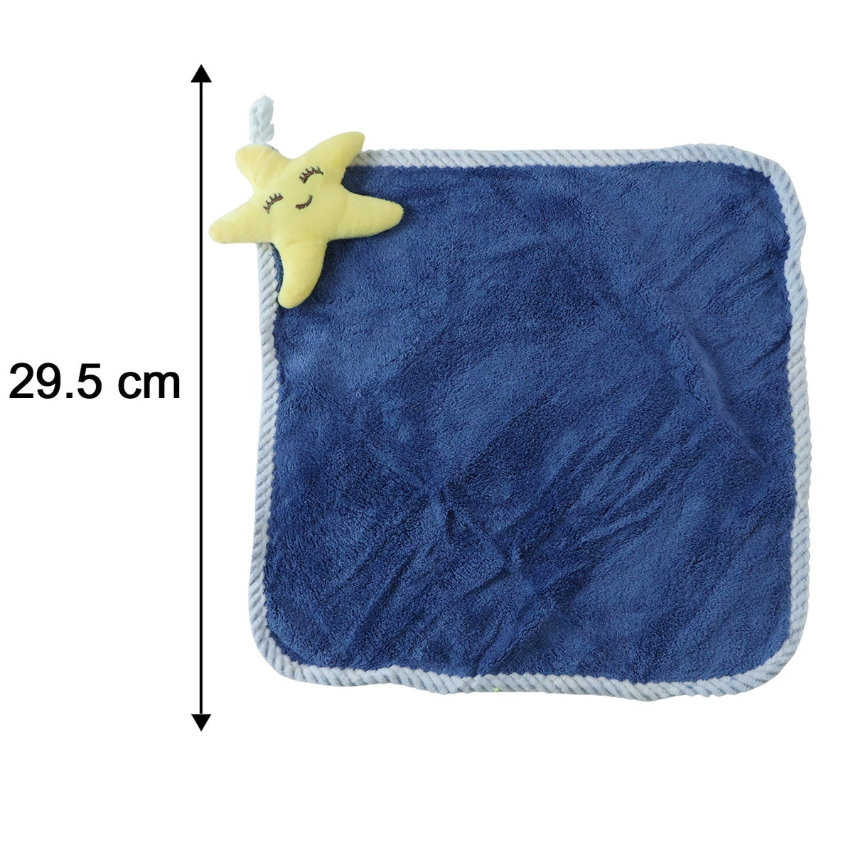 A single navy blue square towel with a yellow star plush, showing a measurement of 29.5 cm.