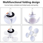 Four square images display the white solar camping light in various folded and unfolded positions, showcasing its versatile