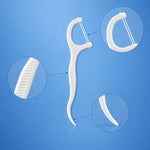 A white dental floss pick with magnified insets showing the textured handle, the floss, and the pointed end.