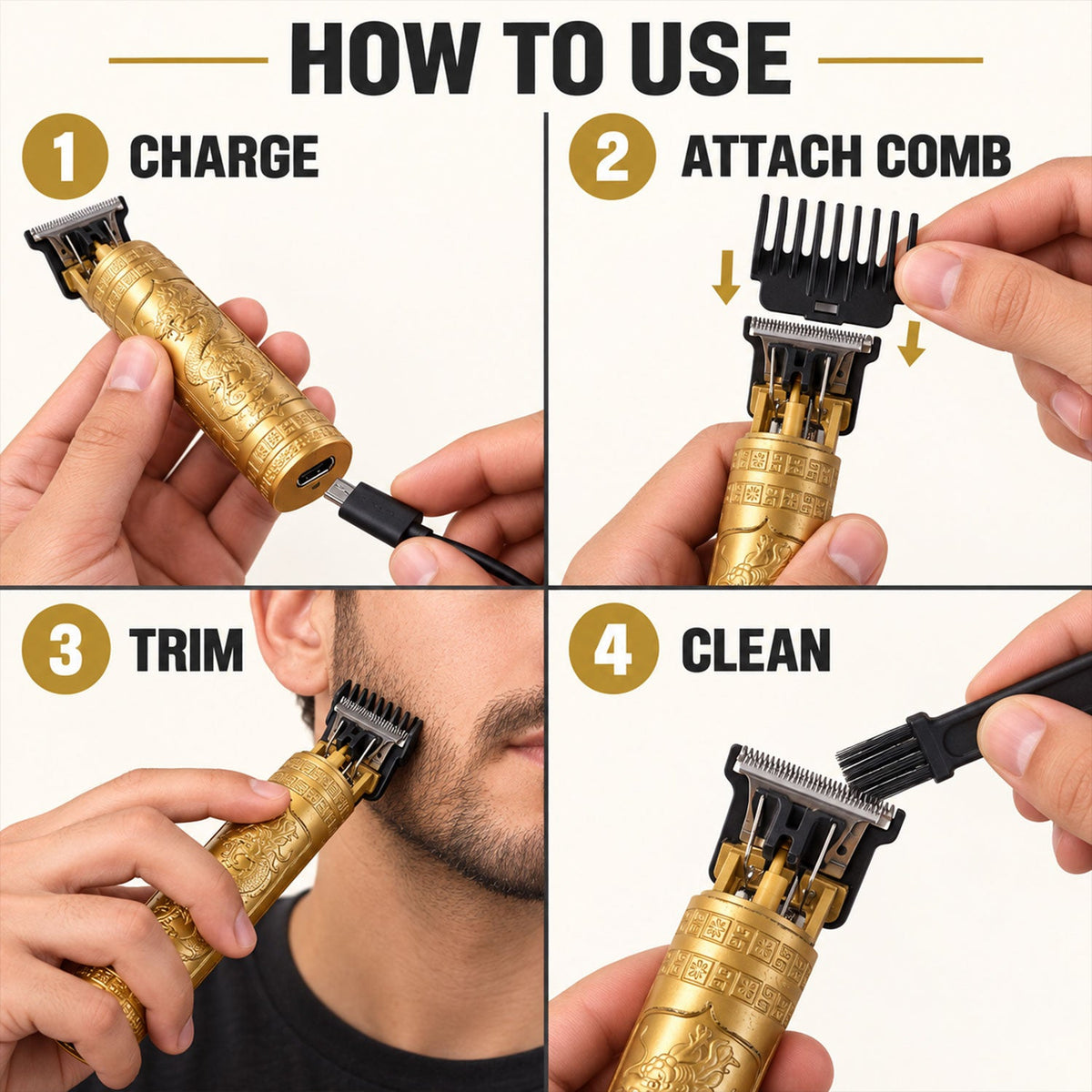 Four step-by-step instructions show charging, attaching a comb, trimming a beard, and cleaning a gold dragon-patterned hair